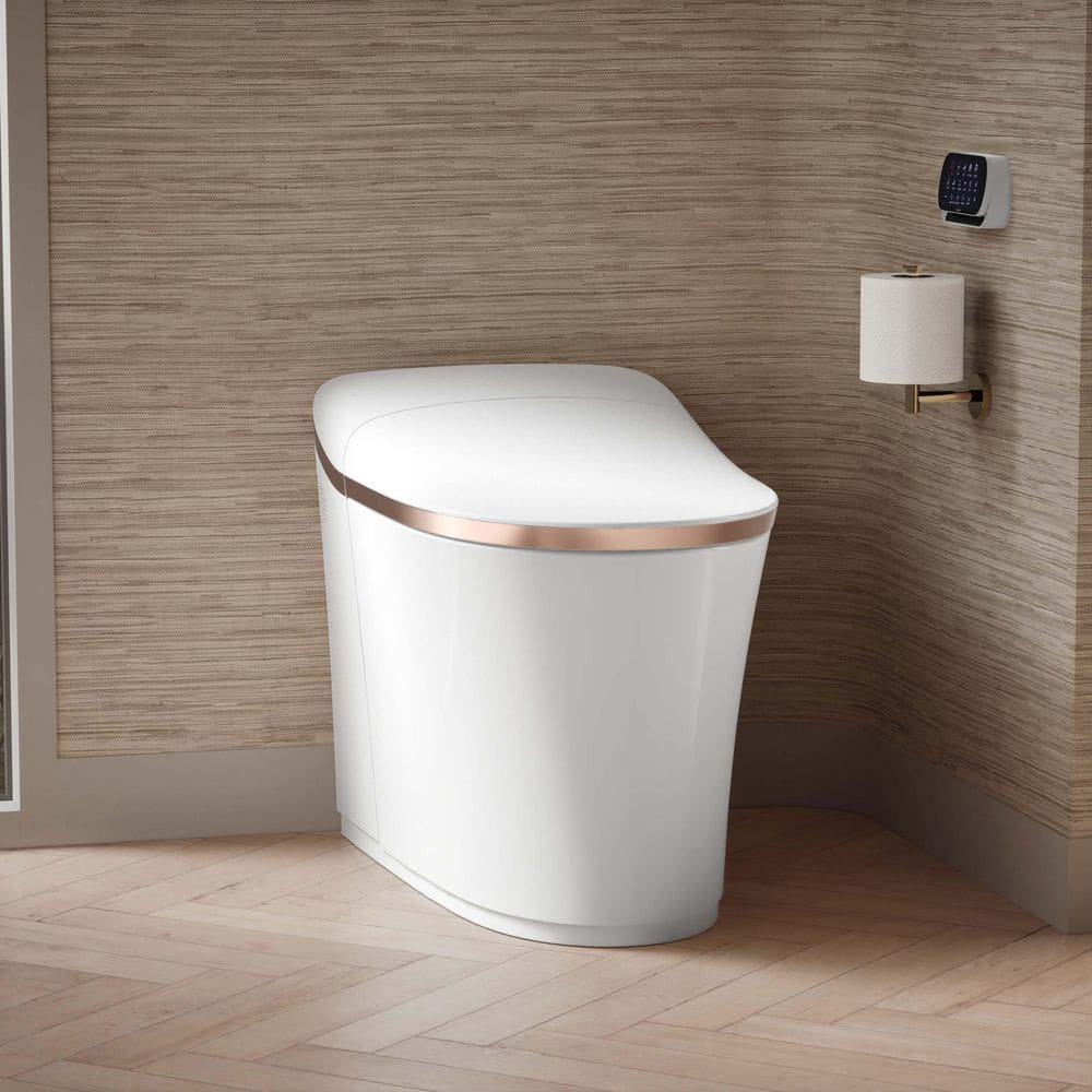 White and Rose Gold Trim Elongated Dual Flush Toilet