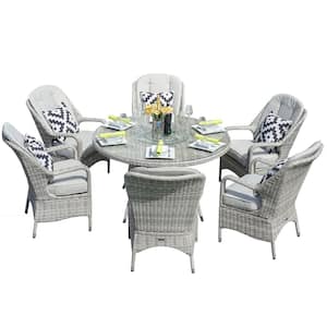 White 7-Piece Wicker Outdoor Dining Set with White Cushion