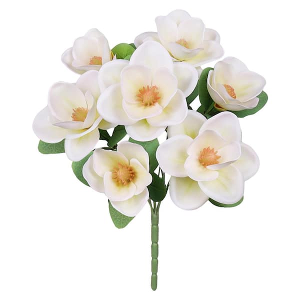 LIVING LUXURY 16 in. Cream White Artificial Magnolia Flower Stem Bush Bouquet (Set of 2)
