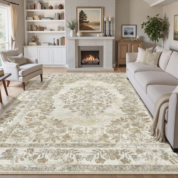 Kamuri Taupe 6 ft. x 9 ft. Vintage Washable Medallion Distressed Area Rug