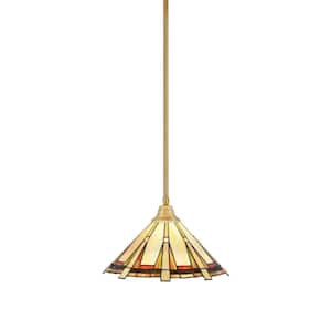 Sparta 100-Watt 1-Light New Age Brass Stem Pendant Light with Zion Art Glass Shade and Light Bulb Not Included