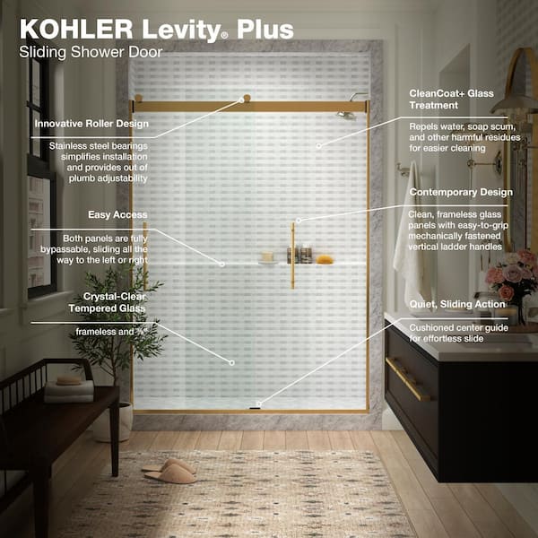 KOHLER Levity Plus 57-60 in. W x 82 in. H with 3/8 in. Thick Sliding Frameless Shower Door Crystal Clear Glass