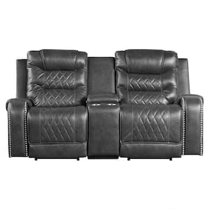 Bergen 77.5 in. W Gray Faux Leather Power Double Reclining Loveseat with Center Console, Receptacles and USB Port