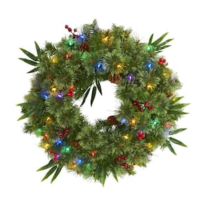 24 in. Green Pre-Lit LED Mixed Pine Artificial Christmas Wreath with 50 Multi-Colored Lights Berries and Pine Cones