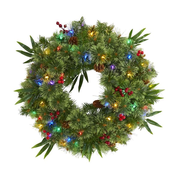 Nearly Natural 24 in. Green Pre-Lit LED Mixed Pine Artificial Christmas Wreath with 50 Multi-Colored Lights Berries and Pine Cones