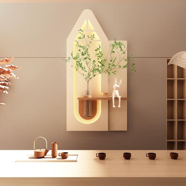 23.62 in. x 47.24 in. Beige 3D LED Sandstone Wall Architectural Decor with Glass Vase and Rabbit Statue by PVC