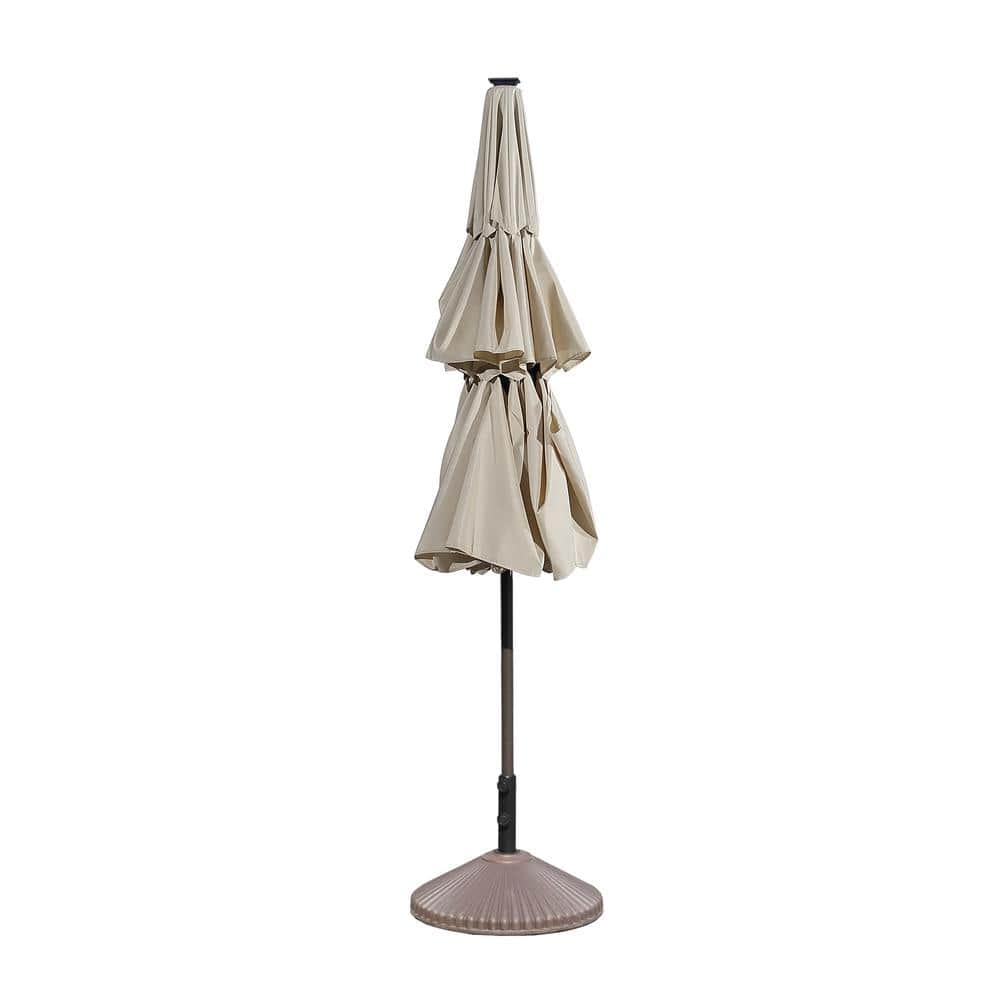 11 ft Tan Aluminum Market Patio Umbrella with LED Lights