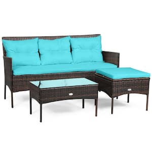 3-Piece Wicker Outdoor Sectional Conversation Set with Turquoise Seat and Back Cushions