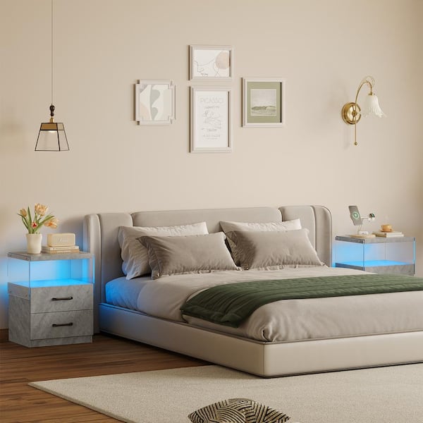 Angel Sar Grey Modern 2 Drawers Nightstand with Adjustable LED Lights, 18 in. W x 12 in. D x 22 in. H