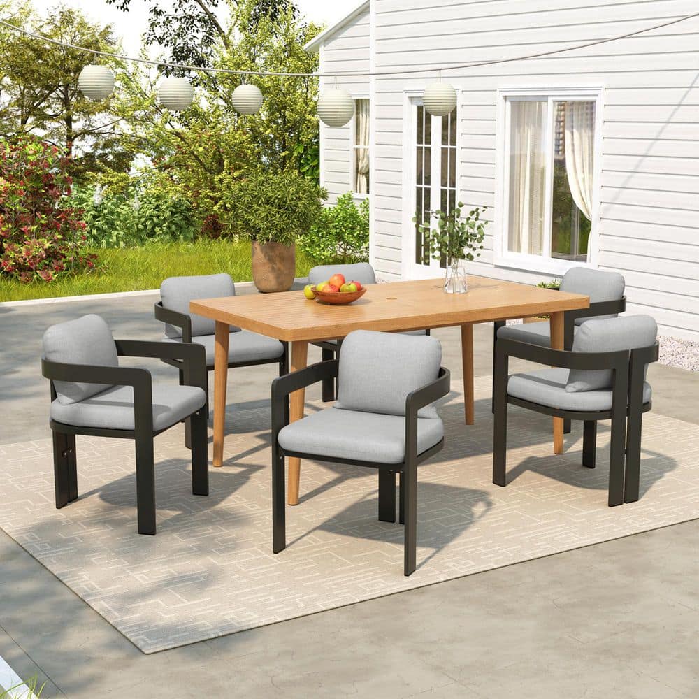 Irene Patio 7-Piece Aluminum and Solid Wood Outdoor Dining Set with Grey Cushions, Umbrella Hole, Black + Teak Finish price history on PriceWatchPro
