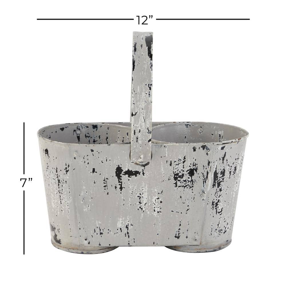 12" White Distressed Metal Double Planter with Handle