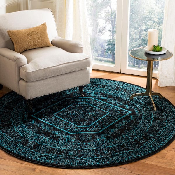 Adirondack Black/Teal 4 ft. x 4 ft. Border Medallion Round Area Rug