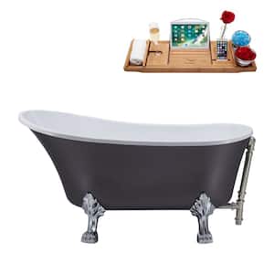 55 in. Acrylic Clawfoot Non-Whirlpool Bathtub in Matte Grey With Polished Chrome Clawfeet And Brushed Nickel Drain