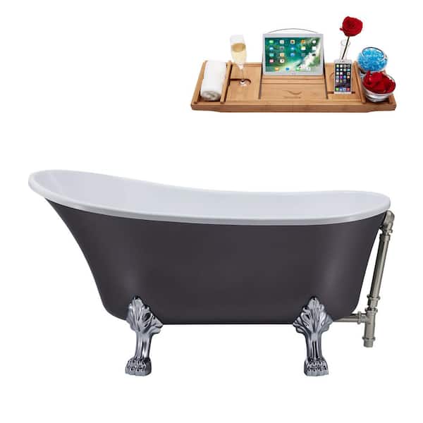 Streamline 55 in. Acrylic Clawfoot Non-Whirlpool Bathtub in Matte Grey With Polished Chrome Clawfeet And Brushed Nickel Drain