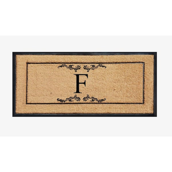 A1 Home Collections A1HC Scroll Leaf Picture Frame Black/Beige 30 in. x 60 in. Coir & Rubber Large Outdoor Monogrammed F Door Mat