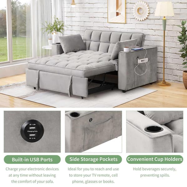 55.3 in. Square Arm Velvet Rectangle Sofa with Cup Holder and USB Port in Gray