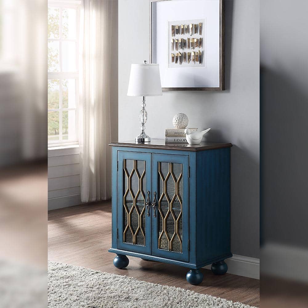 Antique Blue Wooden Console Table with Glass Accents and Storage