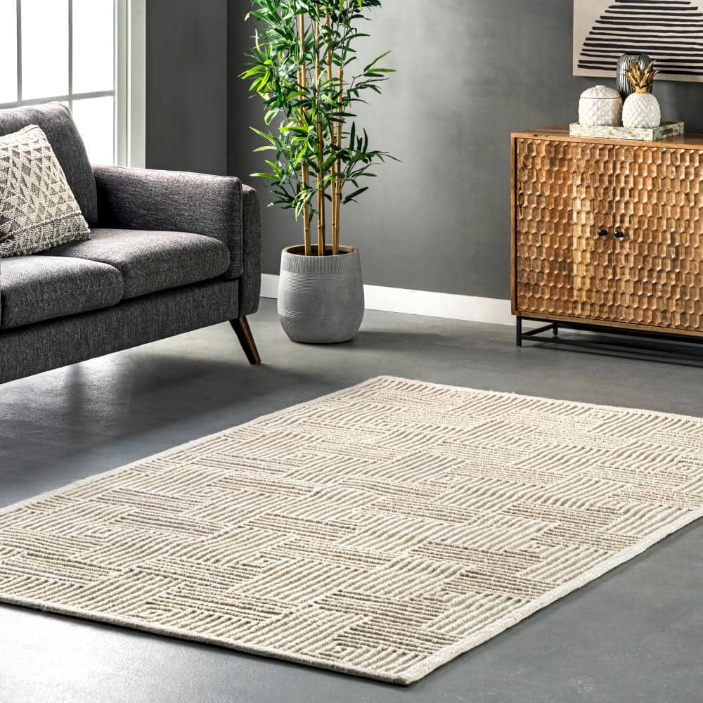 Handmade Ivory Wool Geometric 8' x 10' Area Rug