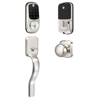 Assure Smart Lock Satin Nickel Touchscreen Alarmed Lock with Wi-Fi and Ridgefield Knob Door Handleset