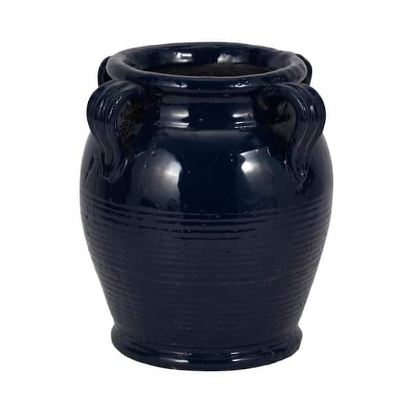 9 in. Navy Blue Ceramic Amphora Decorative Vase with Handles