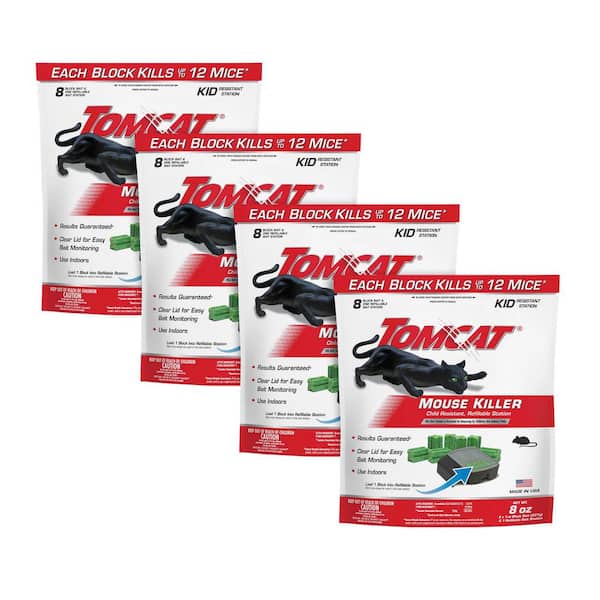 Mouse Killer Child Resistant, Refillable Station Offering, 4 Packages each with 1 Refillable Station and 8 Bait Blocks