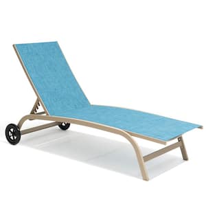 Full Flat 1-Piece Aluminum Adjustable Outdoor Chaise Lounge in Blue with Wheels