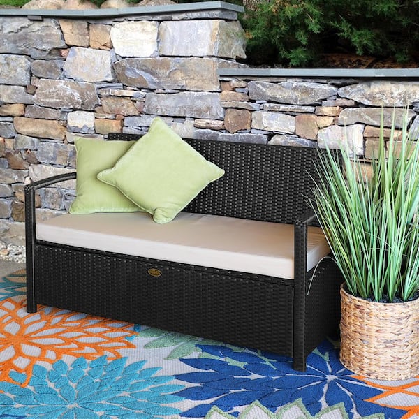 Barton Rattan Crawford 45 Gal. Black Resin Wicker Outdoor Garden Patio Deck Box Storage Bench with Beige Cushions 97041 1