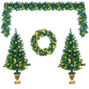 4PCS Pre-Lit Artificial Christmas Tree Decoration Set Holiday Decor w/LED Lights