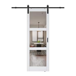 30 in. x 84 in. 3-Lite Mirrored Glass White Finished Solid Core MDF Barn Door Slab with Barn Door Hardware Kit