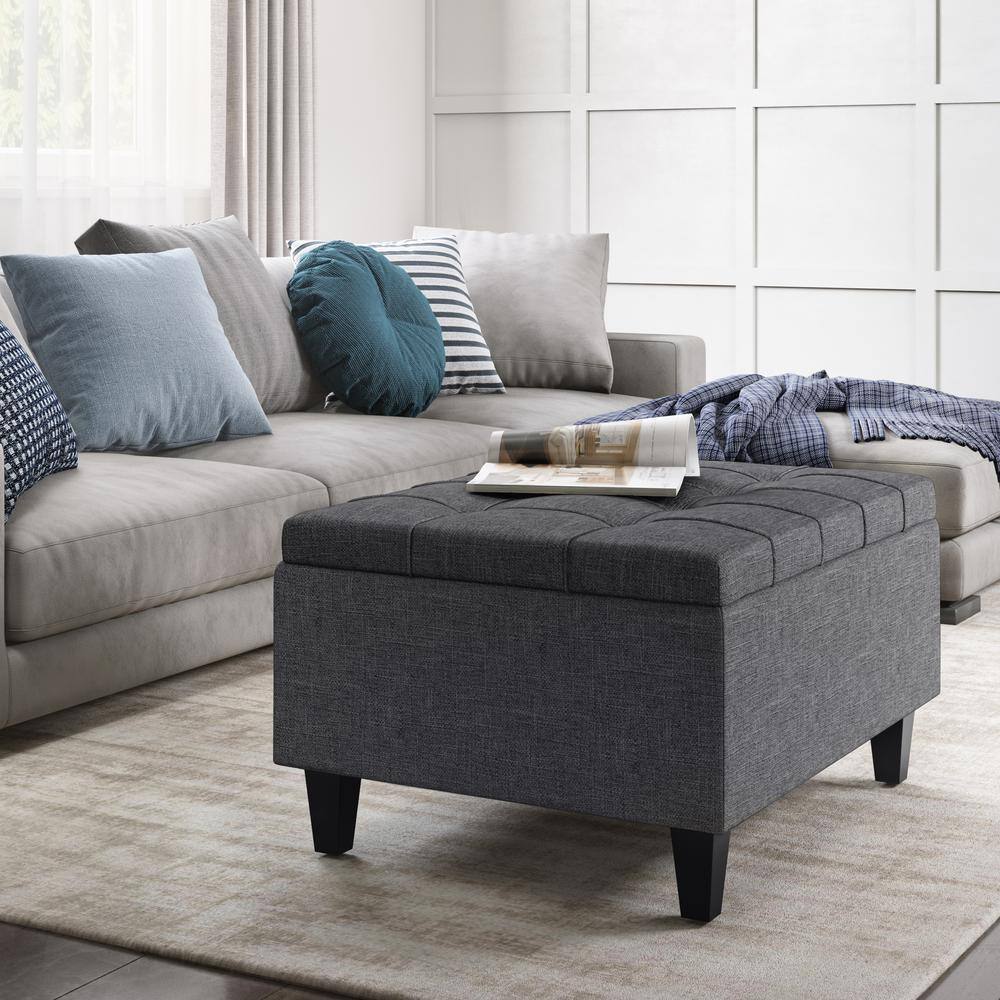 Slate Gray Tufted Cocktail Storage Ottoman with Eucalyptus Wood Legs