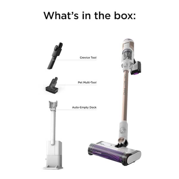 Detect Pro Auto-Empty Bagless Cordless HEPA Filter Stick Vacuum System QuadClean Multi-Surface Brushroll in White