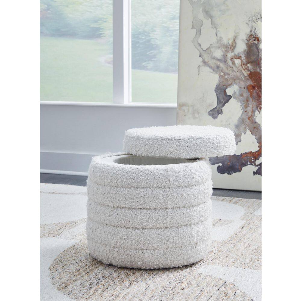 Ivory White Round Storage Ottoman with Textured Fabric
