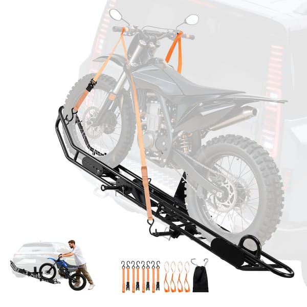 Motorcycle Carrier, 500 lbs. Capacity, Heavy Duty Steel Hitch Mount Rack with Anti-Tilt Lock Device, Straps & Stabilizer