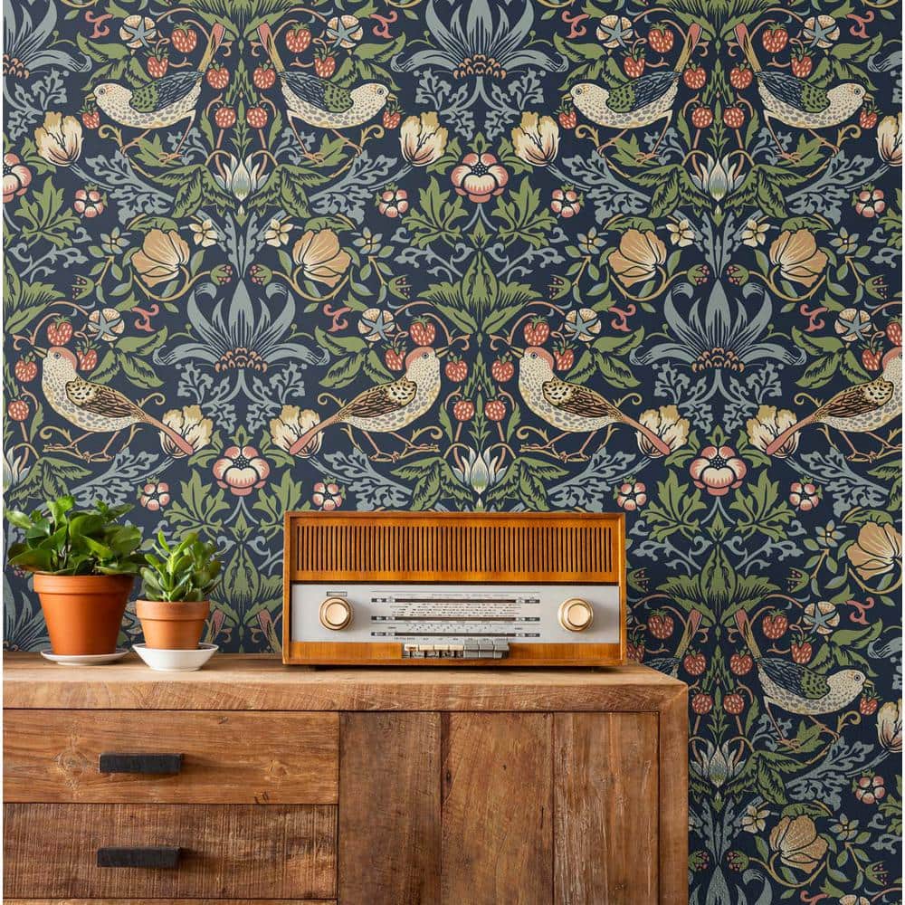 Midnight Blue Botanical Vinyl Peel and Stick Wallpaper Roll