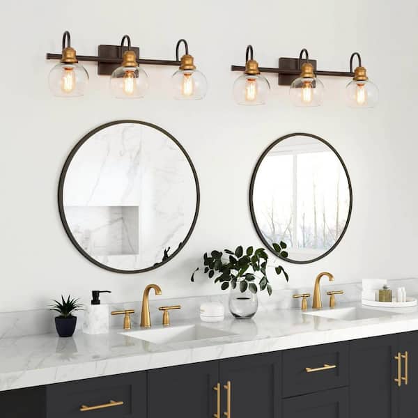 LNC 22 in. 3-Light Modern Aged Brass and Black Bathroom Vanity Light with  Clear Glass Globe Shades IZMFUQHD1381237 - The Home Depot