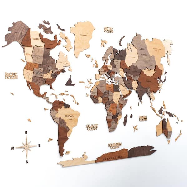 HomeRoots 59 in. x 35 in. Brown, Beige Beige Wood World Map Hanging Dimensional Wall Art 1-Piece