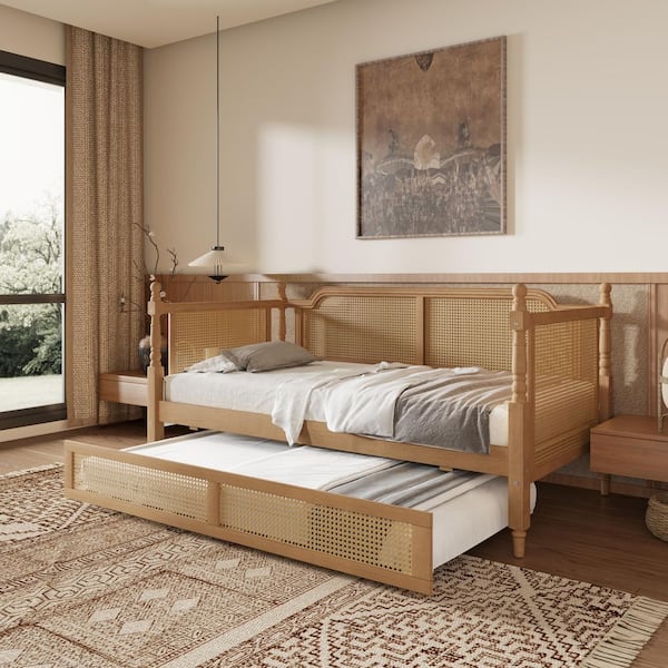Harper & Bright Designs Antique Walnut Rattan Full Size Wood Daybed with Full Size Trundle for Limited Space YJH187AAD