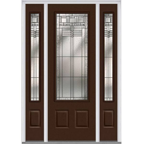 Milliken Millwork 64 in. x 96 in. Oak Park Decorative Glass 3/4 Lite Painted Fiberglass Smooth Prehung Front Door