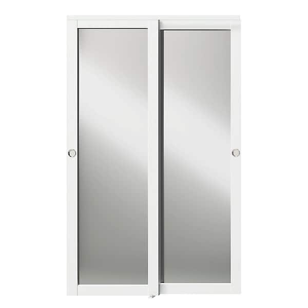 72 in. x 80 in. 1-Lite Mirrored Glass Solid Core White Primed MDF Double Sliding Door with Handle and Hardware Kit Set