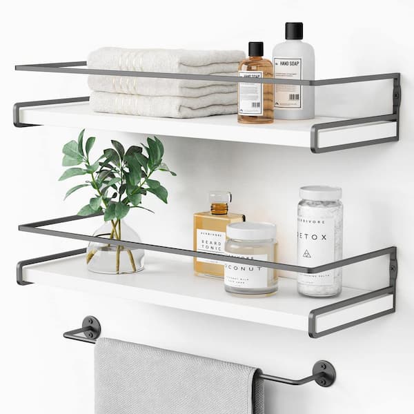 White bathroom shelf with towel bar sales