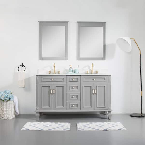 ANGELES HOME 60 in. W x 22 in. D x 35 in. H Double Sink Bath Vanity in Titanium Gray with Stain-Resistant Quartz Top and 2 Mirror
