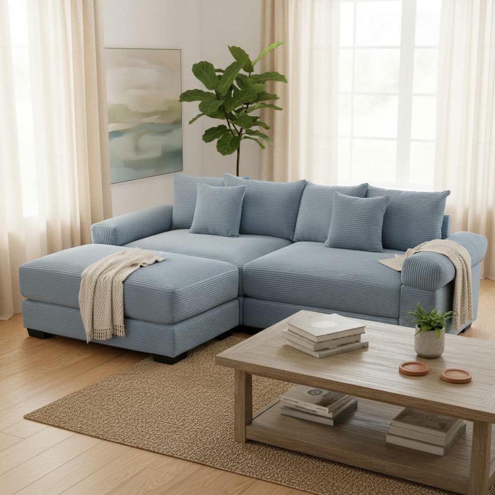 GTMAJT 59.4 in. Straight Arm 3-Piece Corduroy Modular Sectional Sofa with Ottoman and Ergonomic Design in Denim Blue price history on PriceWatchPro