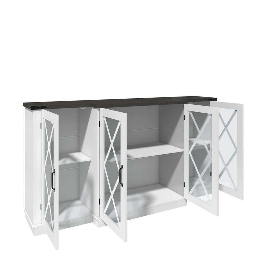 White Farmhouse 63" TV Stand with Glass Cabinet Doors