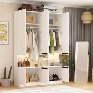 White Wood 63 in. W Big Armoires Wardrobe With Glass Display Door, Hanging Rods, LED Lights