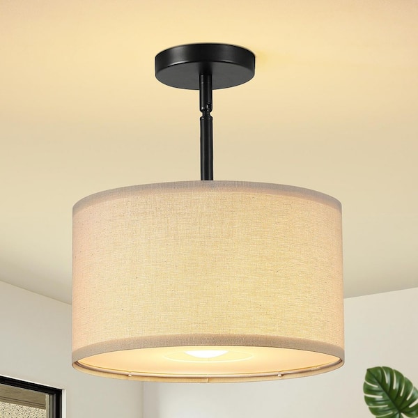 60-Watt 1 Light Round Shaded Black Pendant Light with Fabric Shade Ceiling Hanging Light Fixture, No Bulbs Included