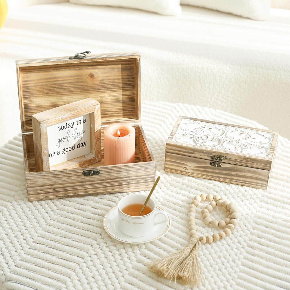 Light Brown and White Pine Wood Decorative Box Set with Hinged Lids