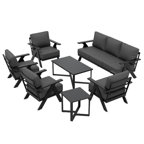 Aluminum Patio Conversation Set of 5 w/ Armchairs, Coffee Table, Side Table & Couch Metal Adjustable Leg for Pool, Gray