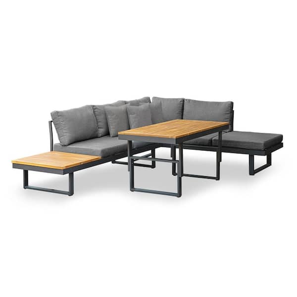 San Jose Black Metal and Teak Outdoor Modular Sectional Set with Gray Cushions