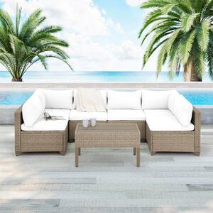 Maui 7-Piece Wicker Patio Conversation Set with Linen White Cushions
