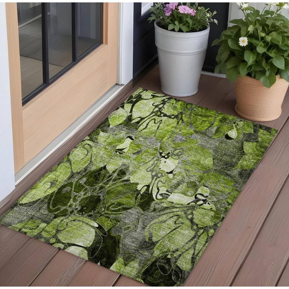 Fern Green and Gray Floral Washable Polyester Outdoor Rug